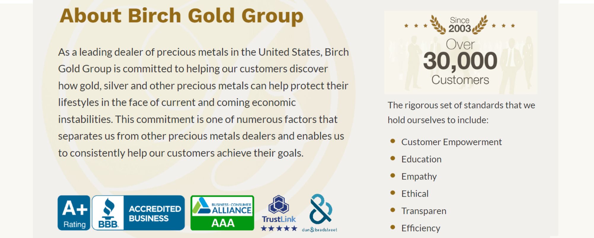 Info related to Birch Gold Group's committment to investors.
