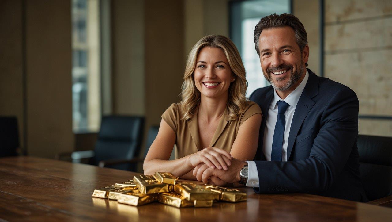 Happy married couple investing in physical gold